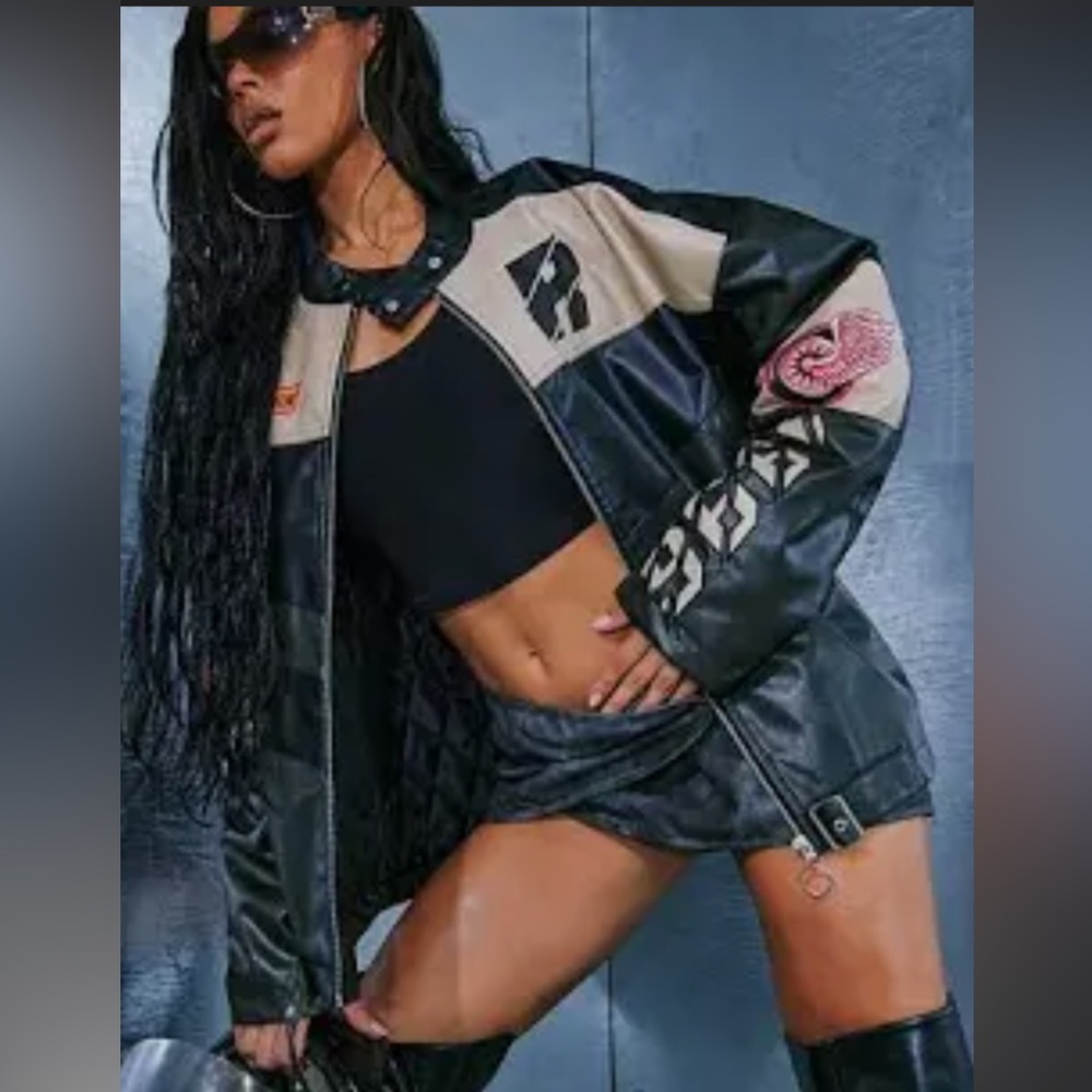 Oversized faux letter motocross jacket
